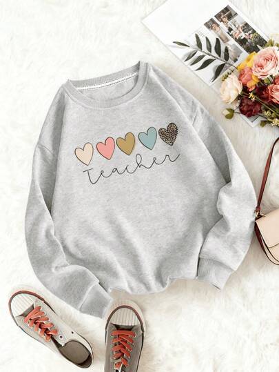 Sudadera con estampado de corazón LOVE JOYY de hombros caídos, atuendos para graduación, regreso a la escuela, atuendos de maestros para mujeres, sudadera para otoño