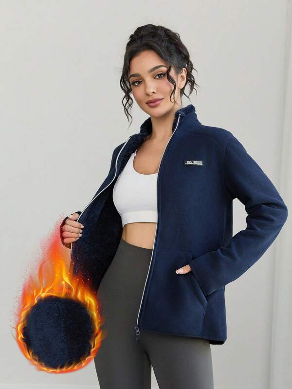 Outdoor Fleece Jacket For Women, Warm & Breathable Stand Collar Slim Fit Sherpa Zip-Up Sweatshirts, For Hiking Sports Winter Women Clothes