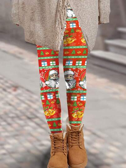 1 pieza Leggings de mujer de cintura alta con estampado navideño, adecuado para otoño/invierno, deportes al aire libre, yoga