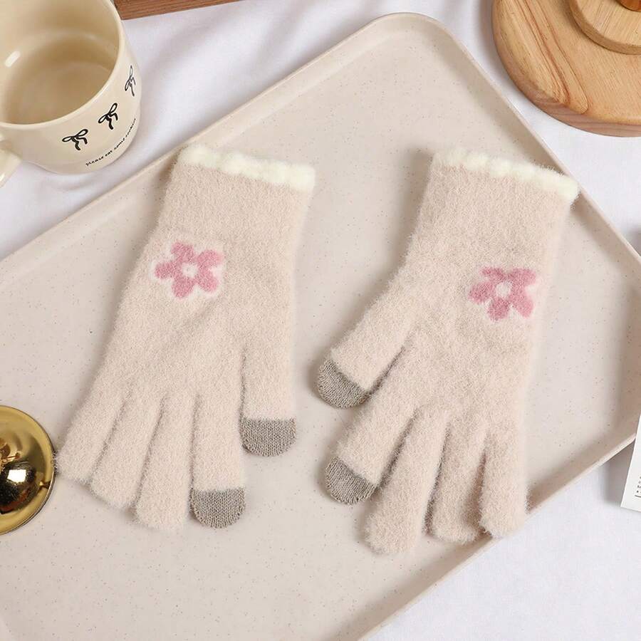 Guantes de invierno para mujer, cálidos, suaves, resistentes al viento, de punto, con flores en contraste de color, para pantalla táctil. - gris rosado pálido - Ver 1