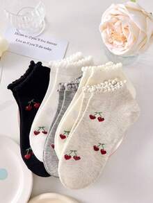 5 Pairs Women's Cute Cherry Pattern Simple Ankle Socks With Ruffle Trim, Fashion Ins Style Comfortable White Socks, Random Color, Suitable For Summer, Autumn And Winter - Multicolor - View 2