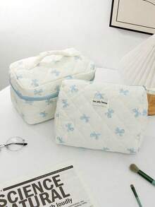 Light Blue Bow Print Large Capacity Makeup Bag, Multi-Functional Cosmetic Organizer Pouch, Wallet Style Storage Bag, Portable Makeup Brush Holder, Zipper Closure Organizer Bag For Skincare, Cosmetics, Lip Balm, Sunscreen, Hand Cream, Earphones, Coins, Stationery, Small Items, Travel Essential, Cruise Essential, Dorm Essential, Cosmetic Bag, Cosmetic Storage Box, Cosmetic Organizer, Clutch, Women's Clutch, Women's Gift, Christmas Gift, Great Gift For Her - Baby Blue - View 3