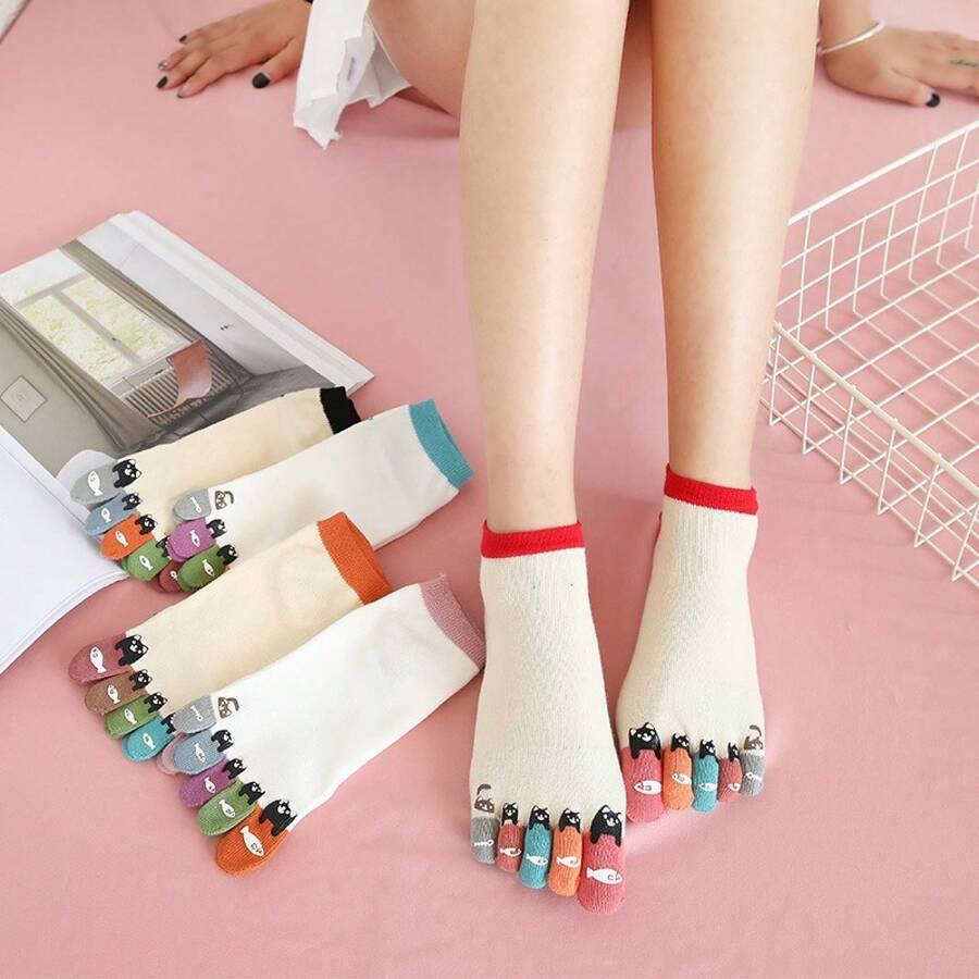 A Set Of Women's Short Tube Personality Cartoon Socks Colorful Toe Separator Five-Toe Socks For Girls - 4 - 查看 1