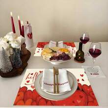 1/4/6件装情人节主题黑猫与“Hello Love”爱心印花装饰餐垫，100%亚麻印花桌垫/咖啡杯垫，可手洗 - 适用于餐桌、餐厅、生日派对装饰、家居装饰 - 彩色 - 查看 6