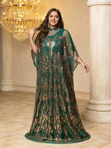 SUPGIR [Random Print] Plus Women's Stand Collar Long Sleeve Reversible Sequin Patchwork Mesh Fabric Temperament Evening Dress - Dark Green - View 4