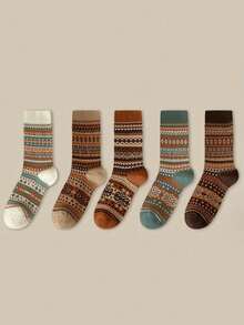 1 双复古图案女士羊毛混纺中筒袜，舒适保暖，用途广泛，适合远足、小屋度假、节日、情人节礼物、上学、日常穿着，四季皆宜（颜色随机） - 彩色 - 查看 3