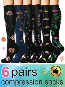 6 双女士压缩袜，花卉 Scocks 透气高筒压缩袜，适合跑步、健身、跳绳、骑行、运动