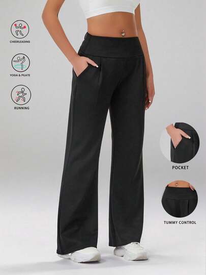 High Waist Slim Fit Yoga Pants With Pockets, Casual Straight Leg Workout Dance Trousers For Women