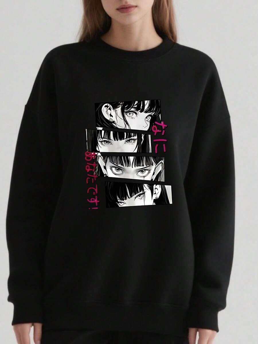 Plus Size Womens Anime Graphic Sweatshirt   Kuonji Print (2) - 黑色 - 查看 1