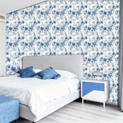 1片小花卉系列大面积墙贴，PVC材质，自粘式，春季卧室整墙装修/出租房全屋装饰/女孩心仪房间布局，17.71x78.74英寸大尺寸，温暖乡村风格家居墙面装饰