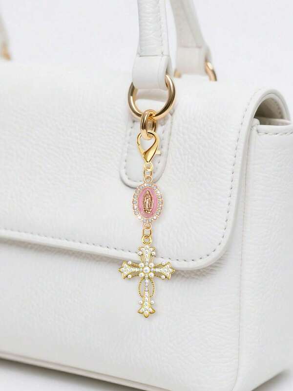 Christian Charm Keychain With Religious Cross,Faux Pearl And Rhinestones Talisman - Cross Keychain,Bag Charm,Cross Pendant,Decorative Wallet Backpack Accessories, Earphone Bag Accessories, Ring Buckle Decorative Keychain For Luggage And Cars - Single Piece Accessory With Faux Pearl And Rhinestones And Romantic Elements, Ideal For Women's Day Gifts, Faith Accessory Pendant Decoration