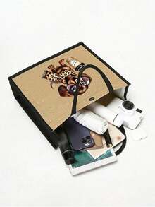 Yellow Linen Buckle Handbag With Black Border, Printed With A Dachshund Wearing Glasses And A Cup Of Coffee Includes A Large Bag And A Small Wallet, Handbag And Coin Purse, Handbag And Wallet, Cute Scarf Puppy Pattern Design, Card Holder, Multifunctional Portable Teacher Handbag, Teacher Appreciation Linen Bag, Women's Gift,