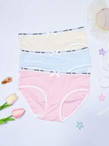3pcs Girls Cute Bow Contrast Letter Elastic Waist Triangle Panties, Soft Breathable Student Sports Underwear