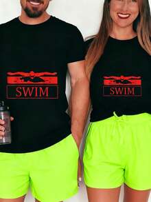 SWIM Swimmer-Shirt, Swim Motivation Shirts  Graphic Tees Men Crop Tops Couple Tee Outfits Men-Shirt - 黑色 1pcs WOMEN - 查看 8