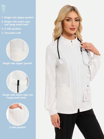 cimmuovere 여성용 멀티 포켓 턴다운 칼라 오픈 프런트 사이드 슬릿 스크럽 간호사 스크럽 작업복 치과 의료 PET 병원 실험실 코트
