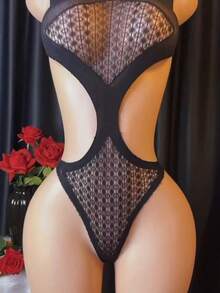 1pc Minimalist Waisted Cutout Bodysuit, Women's Fashion Lingerie Mesh Bodysuits For Summer Beach Bikini Cover-Up And Valentine' Day Intimates, Bikini, Summer Outfit, Beachwear, Minimalist Design, Fashion, Breathable Lingerie, Sheer Texture, Stylish Bodysuit, Onepiece Swimsuit, Summer Ward, Romantic Occasions - Black - View 6