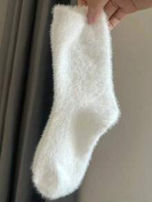 Pares de calcetines de tripulación cálidos y mullidos de unicolor para mujer, para otoño/invierno