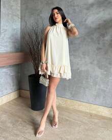 Sleeveless Short Chiffon Dress With High Neck, Ruffled Hem, And Lining - Elegant, Luxurious Party Dress - OFF - View 4