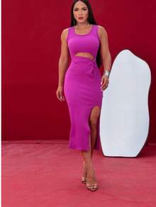 VESTIDO FEMININA RIBANA MIDI  CANELADO COM ABERTURA DE FENDA LATERAL FRONTAL VESTIDO ELEGANTE E SENSUAL PARA QUALQUER OCASIAO