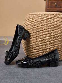 Women's Square Toe 3cm Heel Pumps, Suitable For Work, Commute, Dinner Party, Vintage Bow Accent, Navy Blue, Fashionable And Versatile Casual Slip-On Shoes - 黑色 - 查看 3