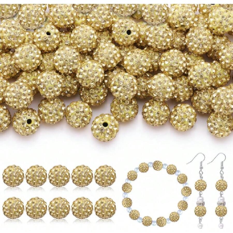 200pcs 10 Rhinestone Beads For Jewelry Making, Yellow Shiny Round Disco Beads Bulk, Sparkle Crystal Clay Christmas For Bracelet Baseball Necklace Earring Crafting And DIY,26388567 - 黃色 - 查看 1