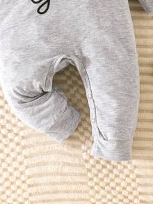 Baby Girls' Minimalist Comfortable Spring/Autumn New Letter Print Hooded Bow Decor Long Sleeve Jumpsuit - Light Grey - View 5