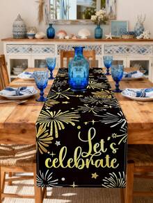 1pc Happy New Year Party Black & Gold Table Runner, 11.8*70.8in, Durable Polyester Rectangular Tablecloth Decor, Firework Pattern, Festive & Elegant Holiday Style, New Year Party Decoration, No Electricity Needed, Home Table Decor, Winter Restaurant Party Decor, Multipurpose Retro New Year Decoration