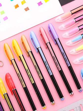 12/18/24/36/48支装荧光凝胶墨水走珠笔套装，1.0mm细笔尖，多种荧光颜色，耐用塑料材质，适合学生和日记本使用