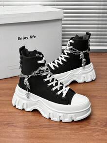 SLnU3 Ghete de motocicletă SLNU★3 pentru bărbați, la modă, cu talpă groasă, ridicate, accesorii decorative cu lanț de craniu, stil gotic casual punk street preppy, inele metalice versatile, fermoar lateral cu șireturi, design simplu, potrivite pentru exterior, toate anotimpurile - Alb-negru - Vizualizare 12