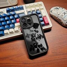 1个灰色阴影黑色玫瑰花独特可爱小花彩绘精美哑光黑色镜框阶梯式设计全包防摔软壳，兼容苹果/传音/NOTE手机 - 灰色 - 查看 4