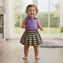 2Pcs/ Set Toddler Baby Girl Carnival Games Outfit Summer Sleeveless Lapel Collar Solid Color/Striped Vest Tops With Pleated Skirt Set - Màu tím  Violet - Xem 2
