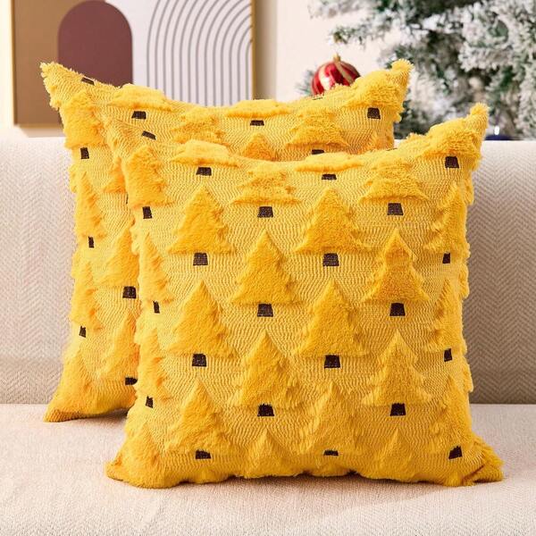 Weihnachtskissenbezü18x18 Zoll Set aus 2 gelben Weihnachtsdekorationen weiche Plüsch Kunstfell Wolle Weihnachtsbaum WurfkissenbezüWinterferien Dekor für Sofa Wohnzimmer PT002G18