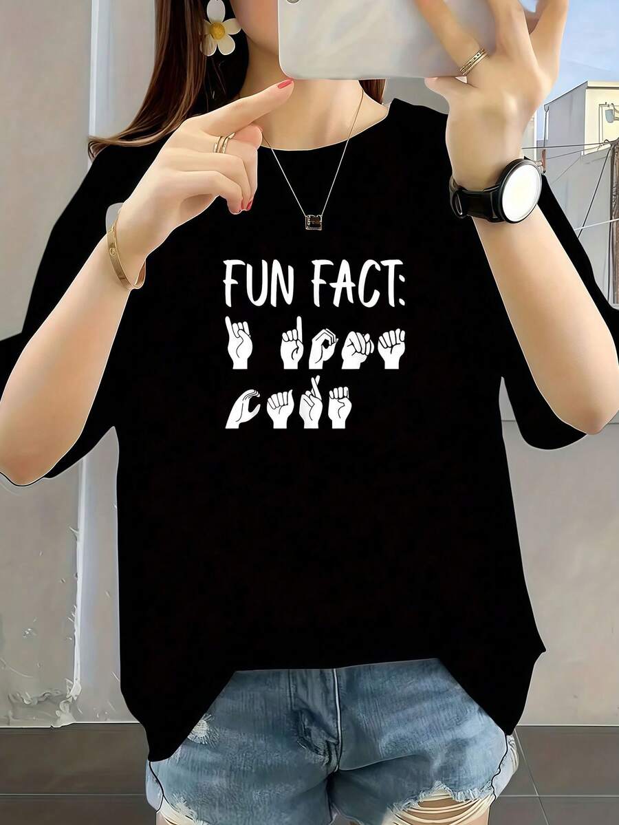 Fun T-Shirt With Interesting Facts About American Sign Language (ASL) - 黑色 - 查看 1