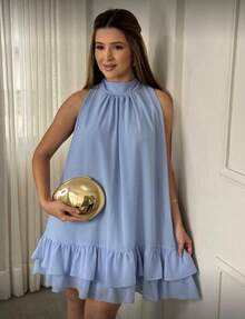 Sleeveless Short Chiffon Dress With High Neck, Ruffled Hem, And Lining - Elegant, Luxurious Party Dress - Blue - View 1