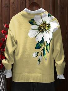 3D Floral Print Cardigan - Flower Pattern, Button Front Design, Lightweight Sweater, Suitable For All Seasons, Loose Casual Jacket, Structured Silhouette Vacation - Yellow - View 2