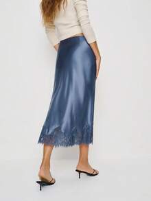 Women Silk Satin Half Slip Long Skirts Lace Patchwork Elastic Waist Long Skirt Elegant Silky Flowy A Line Midi Skirts - 藍色 - 查看 6