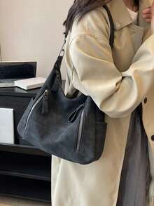 时尚新款大容量女包，百搭复古斜挎包，质感单肩通勤托特包，简约磨砂腋下包，小众大学生单肩包，时尚个性，漂亮单肩包 - 黑色 - 查看 5