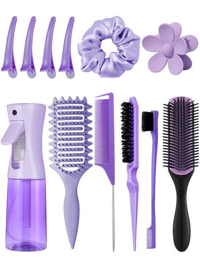 2/4/5/6/11/12pcs Hair Brush Set For Women And Men, (New Upgrade Curl Defining Brush, 9-Row Cushion Nylon Styling Brushes, Teasing Hair Brush, Rat Tail Comb, Edge Brush, Spray Bottle, Four Duckbill Clips, Flower Hair Clip, Brush Set For Hair Styling), Curly Hair Brush