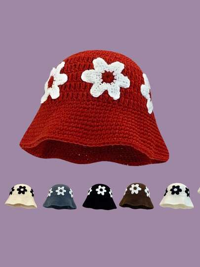 1 chiếc mũ tai bèo dệt kim họa tiết hoa dễ thương kiểu retro, phong cách thời trang unisex, phù hợp cho công việc, đi làm, du lịch, chụp ảnh, dự tiệc và các hoạt động ngoài trời.