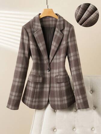 Women's Spring/Autumn Turndown Collar Plaid Single-Breasted Jacket, Commuting Casual, Slim Fit