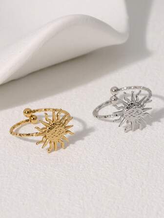 1pc Unique & Minimalist Stainless Steel Sun Shaped Open Finger Ring, Suitable For Women Daily Wear, Party, Date