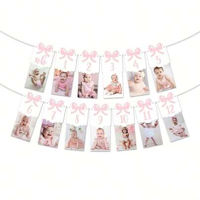 1 Set Pink Bow Photo DIY Banner - Milestone Bow Banner, Suitable For 12 Months DIY Decoration Baby Shower First Birthday Photo Banner