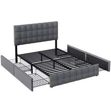 (=622122AAS) Upholstered Bed With 4 Drawers, Double Bed With Slatted Frame, Bed With Storage, Height Adjustable Headboard And Square Stitching Design, Metal Slat Support, Linen Material (140*200, Black) - 灰色+亞麻 - 查看 6