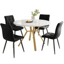 Dining Table Set, Dining Table And Chairs Set (5-Piece Set), Modern And Simple Round Dearmol Dining Table, Gold Metal Table Legs + 4 Ergonomic Velvet Chairs, Beige Dining Chairs - Đen + Vàng + MDF + Thép - View 7