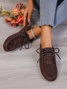 Giày nữ mũi tròn buộc dây đế mềm, chất liệu da lộn màu trơn, nhẹ và thoải mái cho mang hàng ngày và du lịch, thích hợp cho mùa xuân. - màu nâu - Xem 6