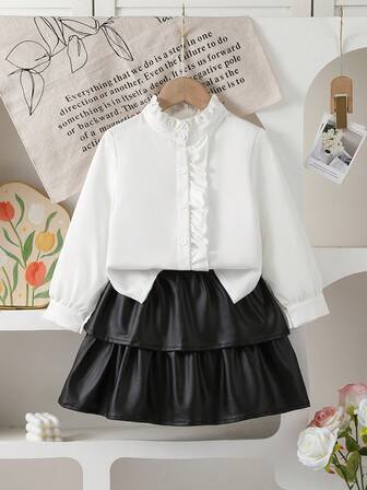 2pcs Girls Spring/Autumn Shirt & Skirt Set, New Fashion Children Blouse With Skirt Suit 2025