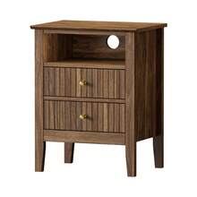 SUN YEE Bedside Table Nightstand 2 Drawer With Shelf Storage Cabinet Walnut