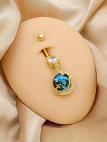 1.5pcs Star & Moon Multi-Element Pendant Navel Ring Stainless Steel Spiral Navel Piercing Jewelry, Suitable For Daily Wear