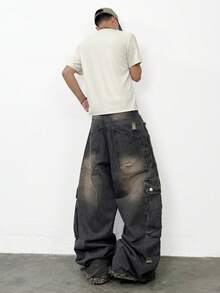 1 قطعة بنطلون جينز أمريكي كاجوال من ماركة Justice Brother باللون الرمادي، متعدد الجيوب، بتصميم مريح وواسع الساق، بتصميم مناسب للموسم، بنطلون للأزواج (الحزام والإكسسوارات غير مشمولة) - رمادي - مشاهدة 7