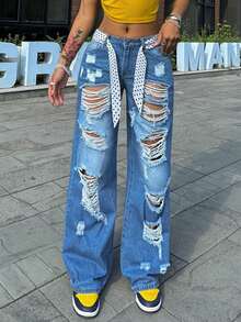 Women's Destroyed Straight Leg Jeans - Heavy Distressed Denim With Oversized Rips, Relaxed Fit For Urban Street Style - Rửa nhẹ - Xem 3